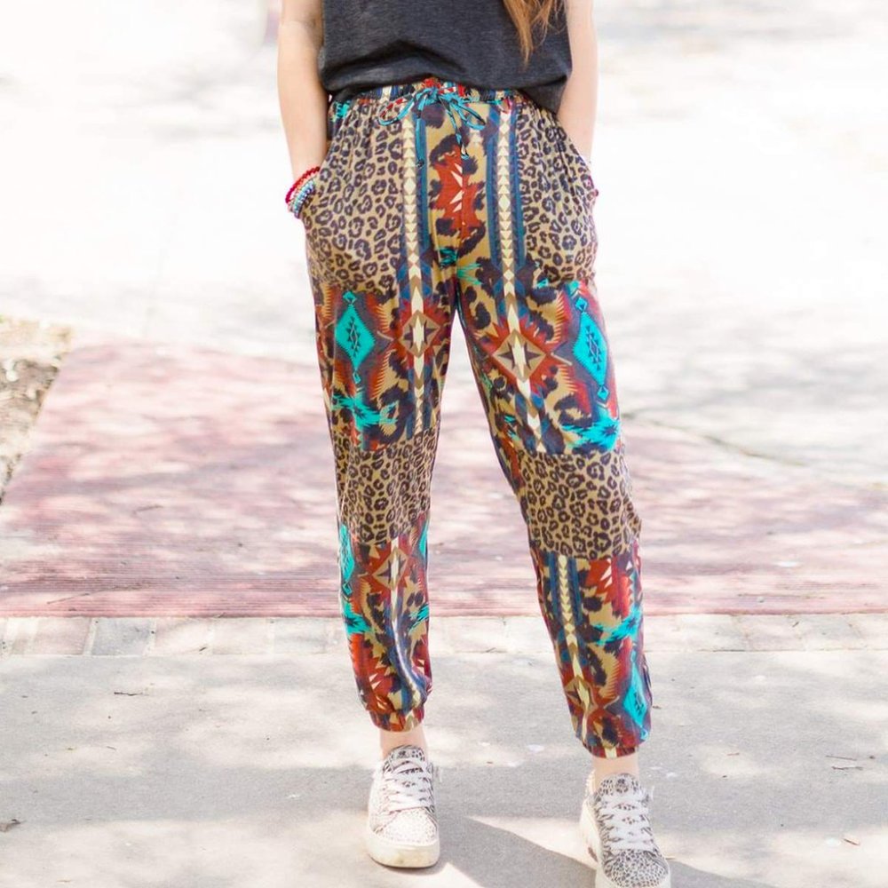 Aztec Leopard Patchwork High Waist Slim-fit Pants